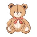 Cute teddy bear sitting with a red bow, ideal for children decor and nursery themes. Vector illustration